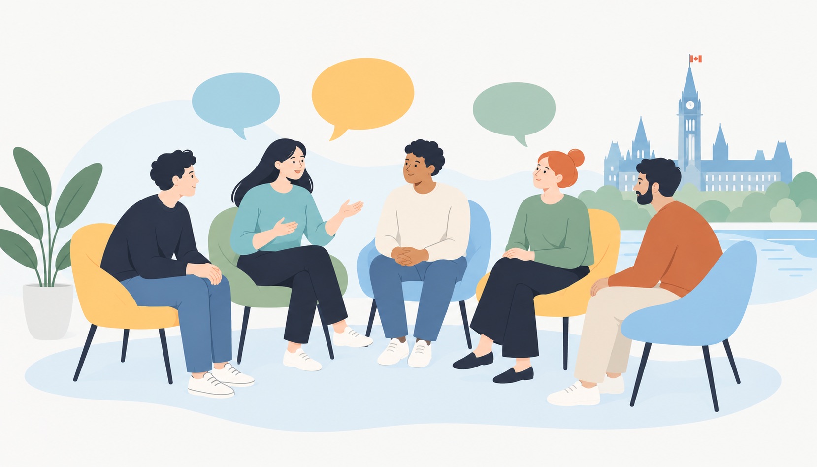 Illustration of six people sitting in a circle of chairs in conversation, with the Ottawa skyline behind them